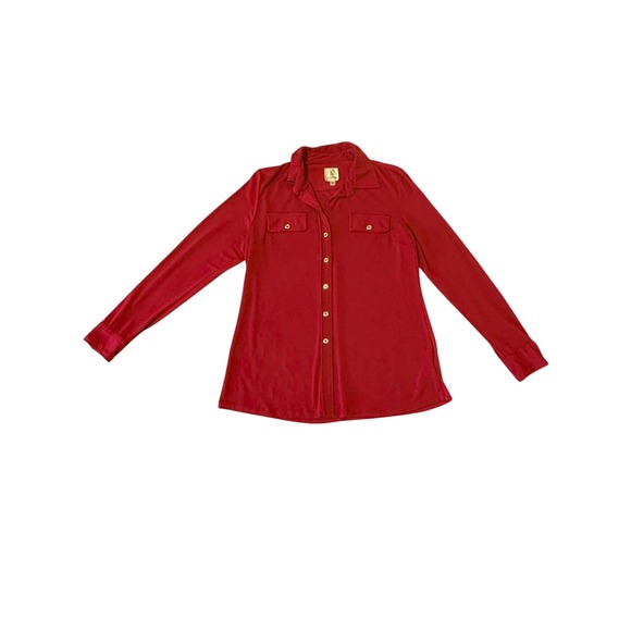 Kasper Tops - Kasper Womens Red Long Sleeve Button Down Shirt Size L Chest Pockets Stretch